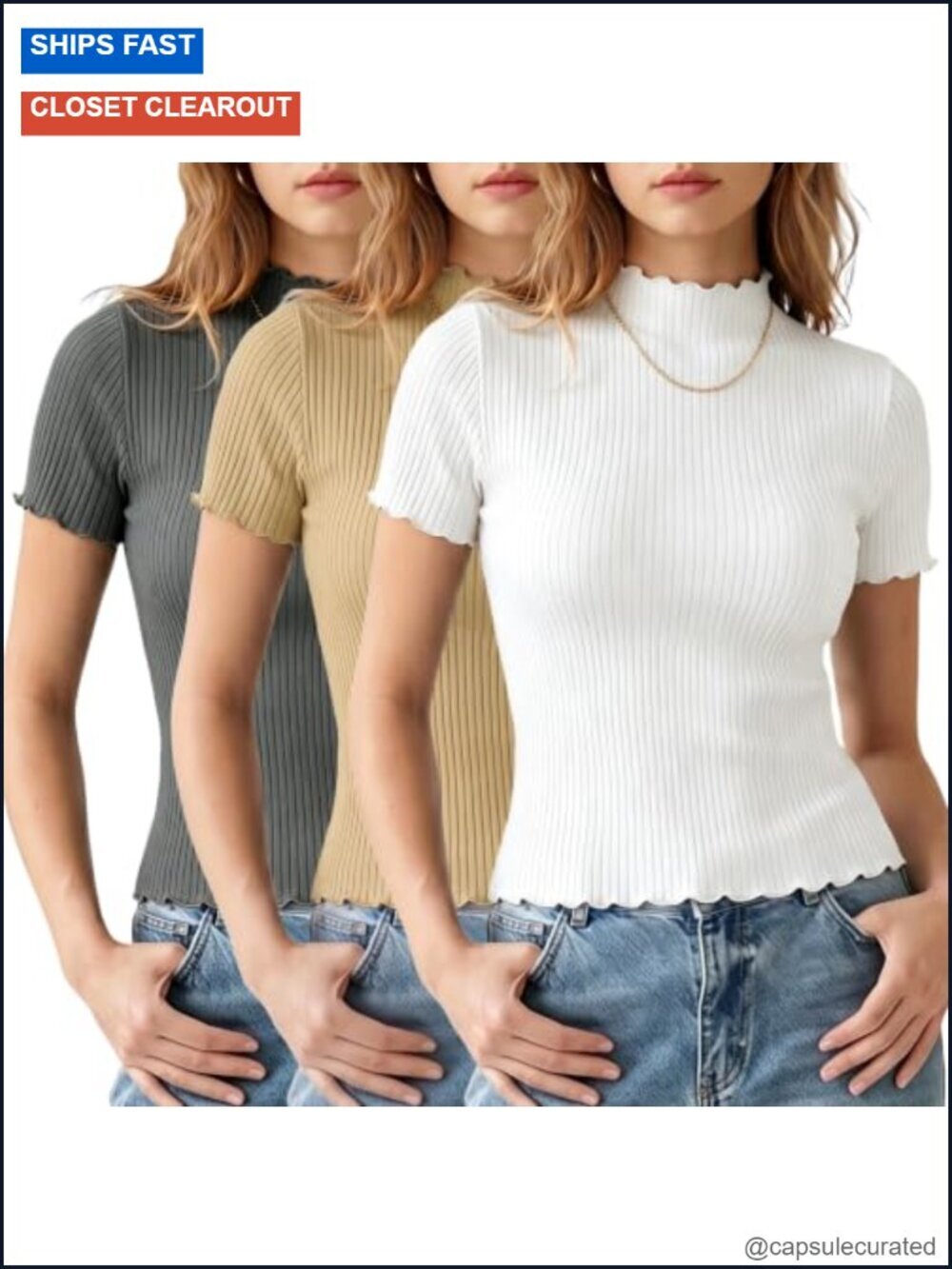 Mock Neck Ribbed Tops Lettuce Trim Short Sleeve Tees Business Casual